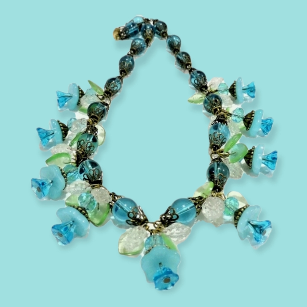 Hand Crafted Repurposed Art Glass Vintage Lampwork Floral Bead Necklace